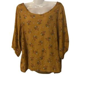 Mustard Yellow Floral Long Sleeve Top | Boho Peasant Blouse | XL | 100% Cotton